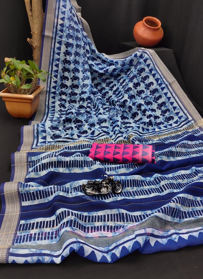 Linen Blue Festival Wear Digital Printed Saree